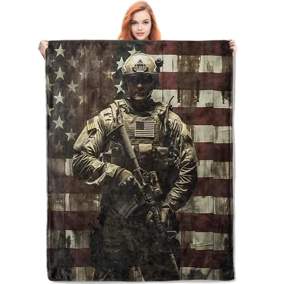 Soldier in Front Blanket: American Flag Military Design