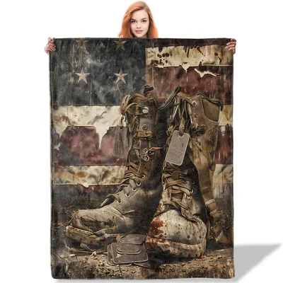 Military Boots American Flag Blanket featuring worn combat boots