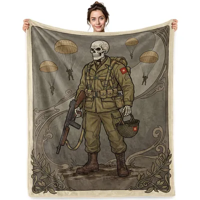 Skeleton Soldier Paratrooper Blanket featuring a skeletal soldier