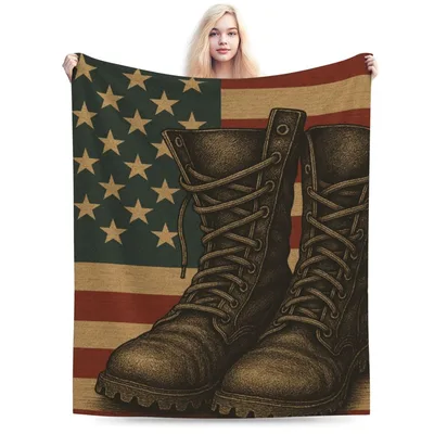 Military Boots on American Blanket: Vintage Boots and Flag Design