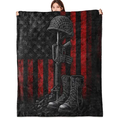 Fallen Soldier Memorial Flag Blanket: Helmet Rifle Boots Design