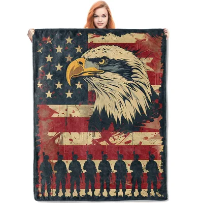 Patriotic Eagle Soldiers Flag Blanket: Bald Eagle and Troops Design