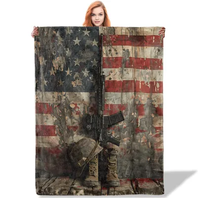 Military Memorial Flag Blanket featuring a distressed US flag