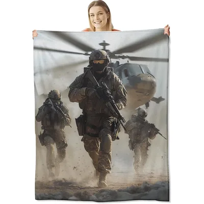 Military Soldiers Helicopter Blanket: Tactical Army Scene with Rifles