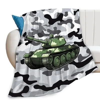 Military Tank Camo Blanket: Armored Illustration on Gray Pattern