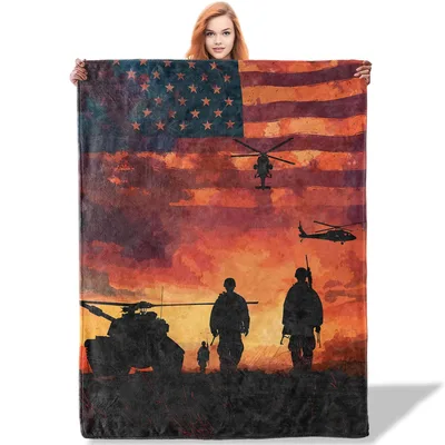 Military Soldiers Silhouette American Blanket: Patriotic Sunset Design