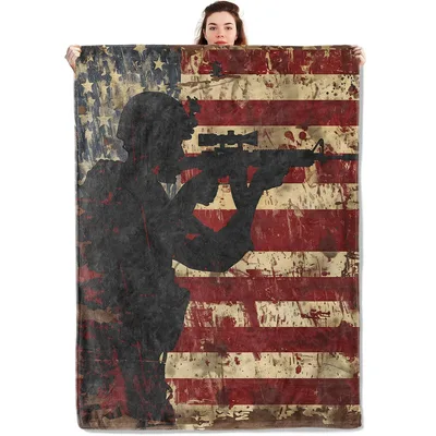 Soldier Silhouette American Flag Blanket: Vintage Military Design