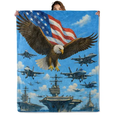 Bald Eagle Over Fighter Blanket: Patriotic Eagle and Jet Art