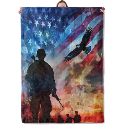 Soldier Silhouette American Flag Eagle Blanket for Military Pride