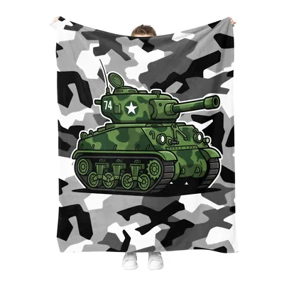 Military Camouflage Blanket Featuring a Green Tank and Camo Pattern