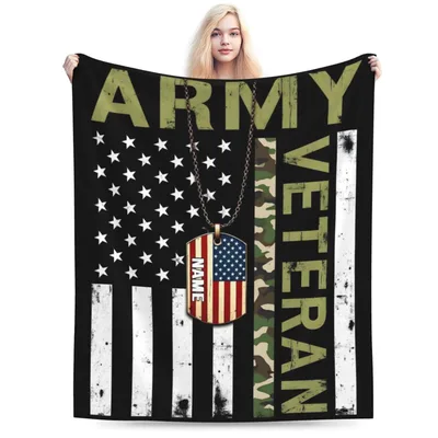 Army Veteran American Flag Blanket with Dog Tag Design
