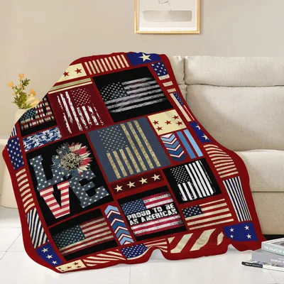 Patriotic Flags Patchwork Pattern Blanket with American Pride Design