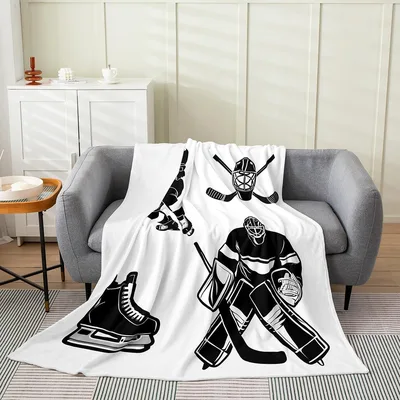 Hockey Player Skates Blanket: Black and White Ice Hockey Art