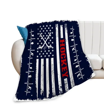 Hockey American Flag Blanket: Distressed Design with Sticks and Puck