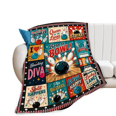 Bowling Pins Retro Sports Blanket: Born to Bowl Vintage Design