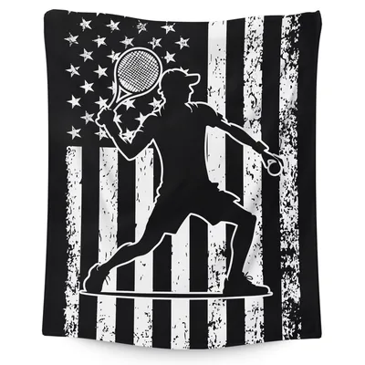 Tennis Player Silhouette Flag Blanket: Vintage American Design