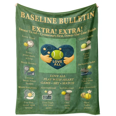 Baseline Bulletin Tennis Newspaper Blanket features a green