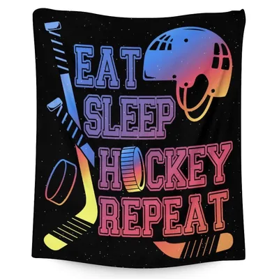 Hockey Helmet Sticks Puck Blanket: Eat Sleep Hockey Repeat Design