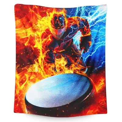 Hockey Player Fire Design Blanket features a flaming athlete