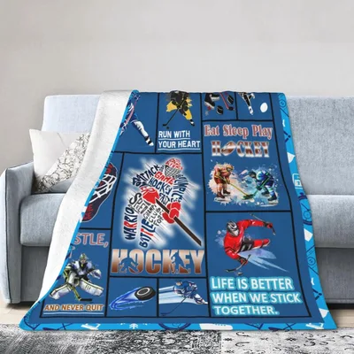Hockey Collage Pattern Blanket: Eat Sleep Play Design for Fans