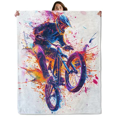 Mountain Bike Rider Art Blanket: Vibrant Extreme Sports Design