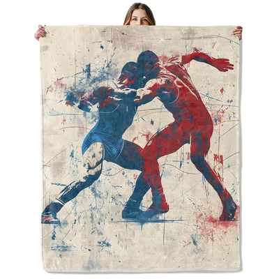 Wrestling Sports Art Blanket: Red and Blue Grappling Silhouette Design