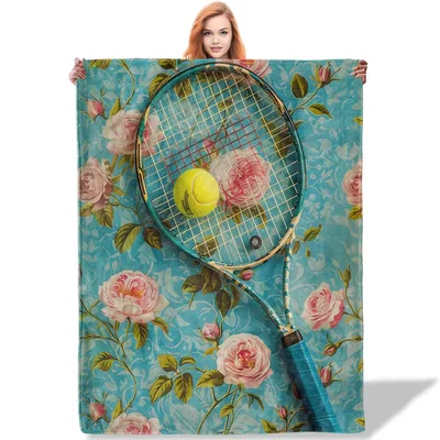 Tennis Racket Floral Blanket: Retro Vintage Sports Design