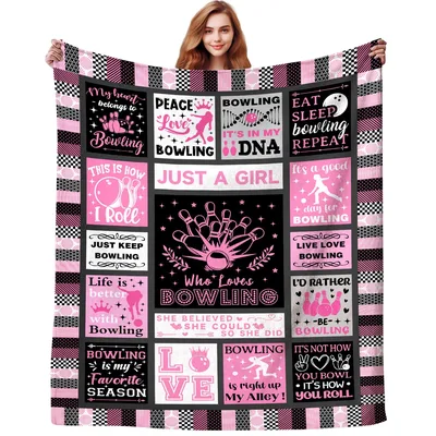 Bowling Pins Pink Blanket features a patchwork of slogans