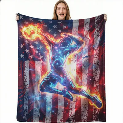 Volleyball Player Spiking Blanket: Cosmic American Flag Design