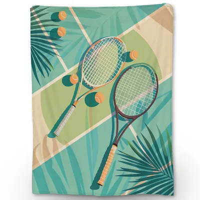 Tennis Racket Blanket: Retro Court Design with Palm Leaves and Balls