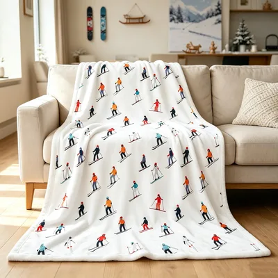 Cartoon Skiers Winter Pattern Blanket: Fun Ski Resort Design