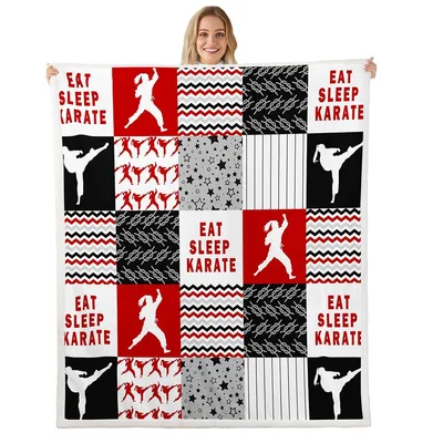 Eat Sleep Karate Patchwork Blanket: Geometric Martial Arts Design