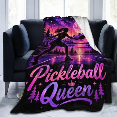Pickleball Queen Silhouette Blanket: Retro Night Court Design