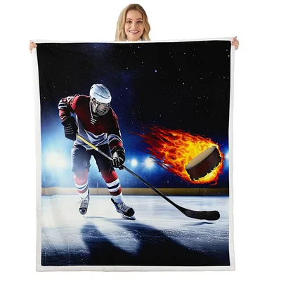 Ice Hockey Player Flaming Blanket: Skater with Fire Puck Design