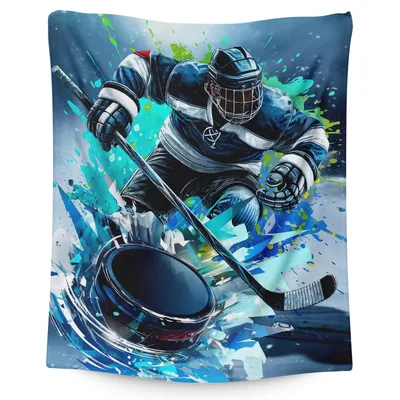 Hockey Player Splash Art Blanket: Dynamic Ice Action Design
