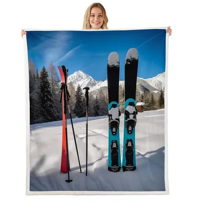 Skis in Snowy Mountains Blanket: Alpine Gear and Peak Views