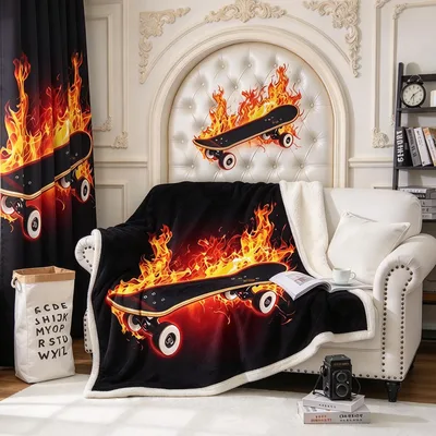 Flaming Skateboard Design Blanket for Street Sports Lovers