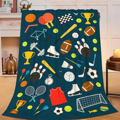 Sports Equipment Pattern Balls Trophies Blanket