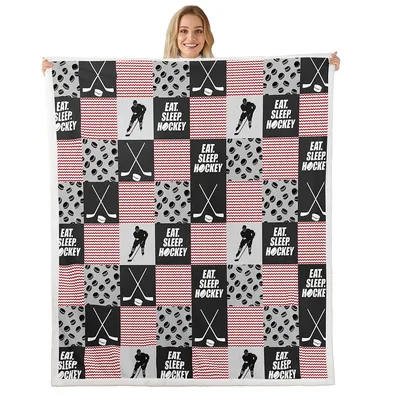 Eat Sleep Hockey Pink Blanket: Checkered Puck and Player Design