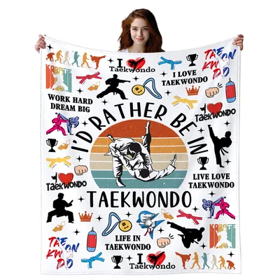 I'd Rather Be in Taekwondo Blanket featuring retro fighter silhouettes