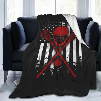 Crossed Lacrosse Sticks American Blanket: Red Helmet and Flag Design