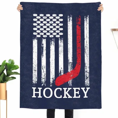 American Flag Hockey Stick Blanket: Puck Stars and Red Stick Design