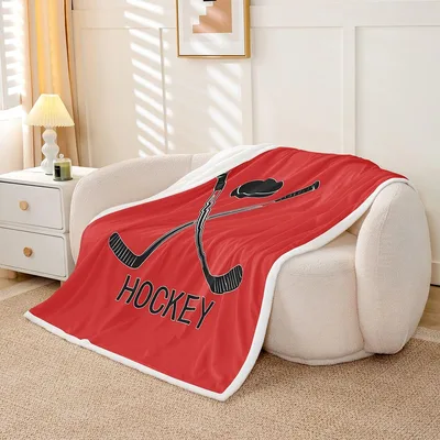 Ice Hockey Sticks and Puck Blanket: Red Design with Crossed Sticks
