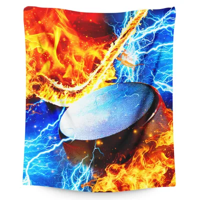 Hockey Puck on Fire Blanket: Flaming Stick and Lightning Art