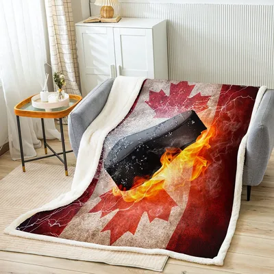 Flaming Hockey Puck Canada Blanket: Canadian Flag Ice Hockey Design
