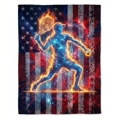 Flaming Tennis Player Flag Blanket: Cosmic Athlete Design
