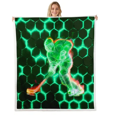 Neon Green Hockey Player Blanket with Glowing Honeycomb Pattern