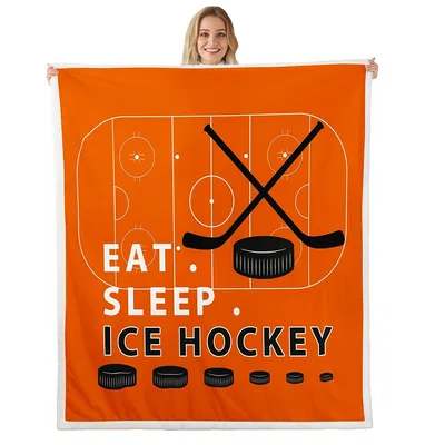 Eat Sleep Ice Hockey Blanket: Orange Rink Design with Sticks and Pucks