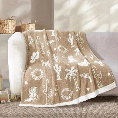 Western Cowboy Blanket with Cactus and Boot Pattern