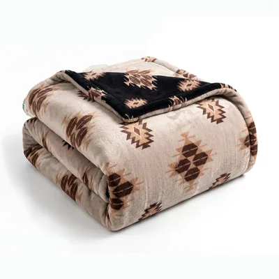 Western Tan Blanket: Southwestern Aztec Pattern Fleece and Sherpa